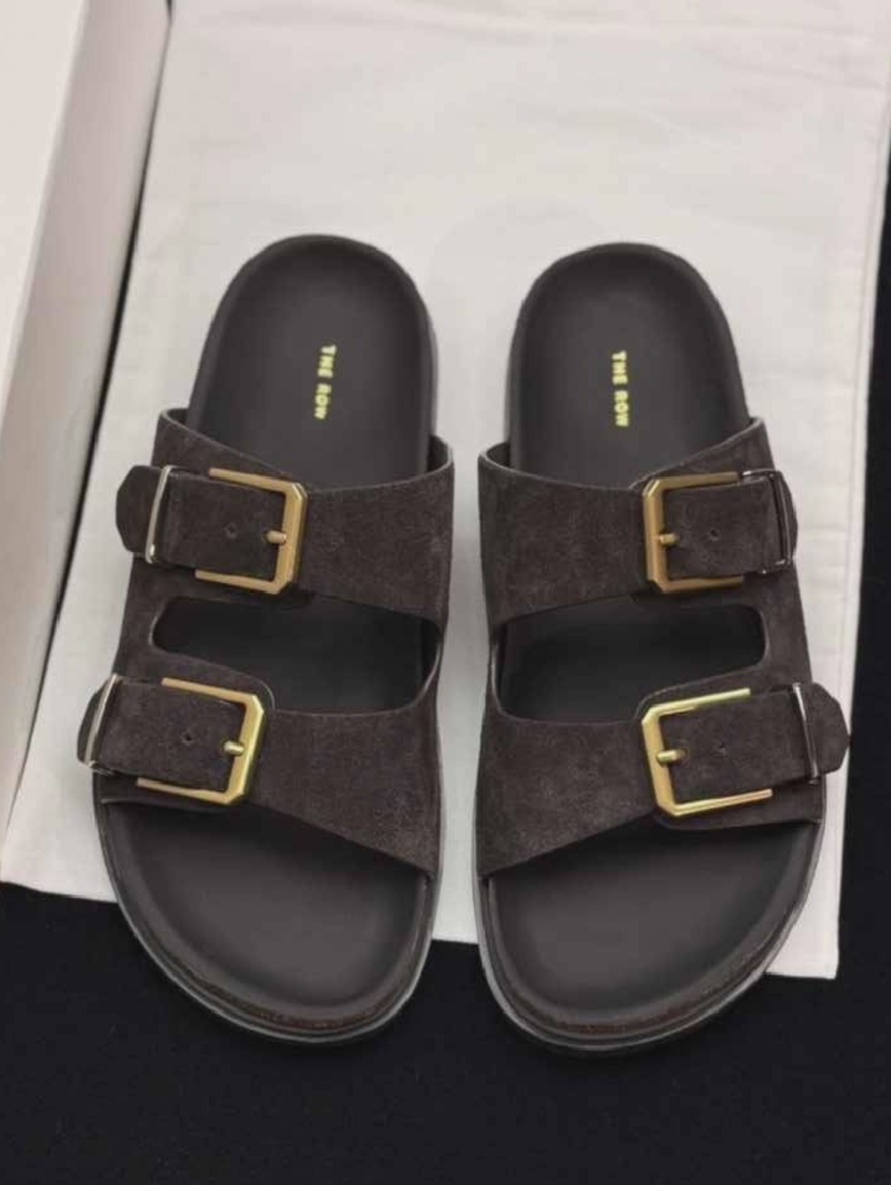 The Row Dark Brown Suede Double-Buckle Slide Sandals